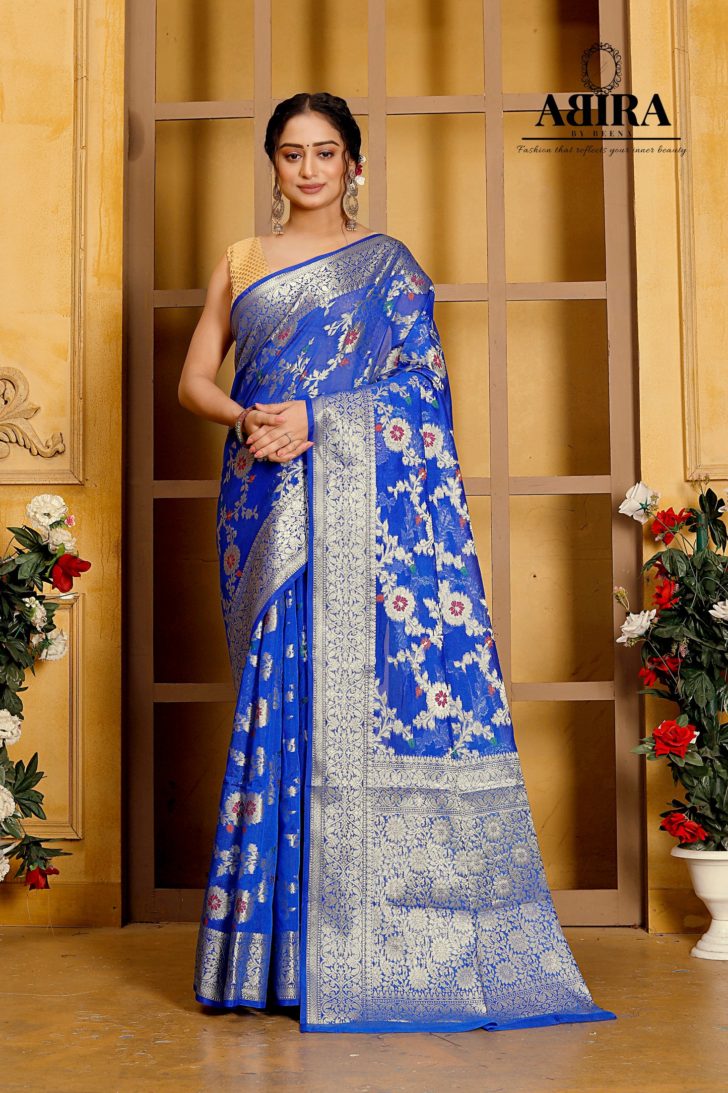 Blue Banaras Soft Georgette Jaal silk - AbirabyBeena