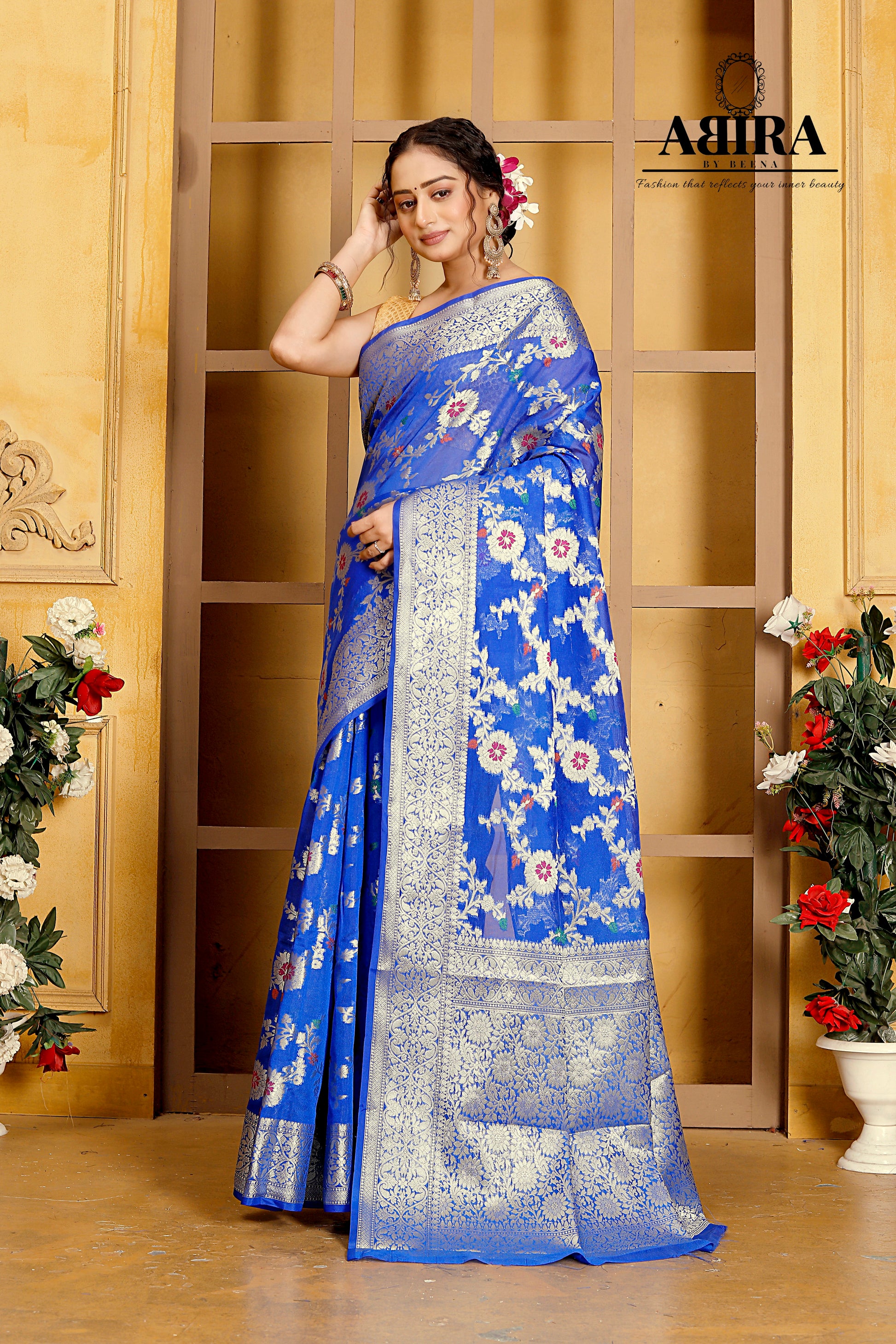 Blue Banaras Soft Georgette Jaal silk - AbirabyBeena