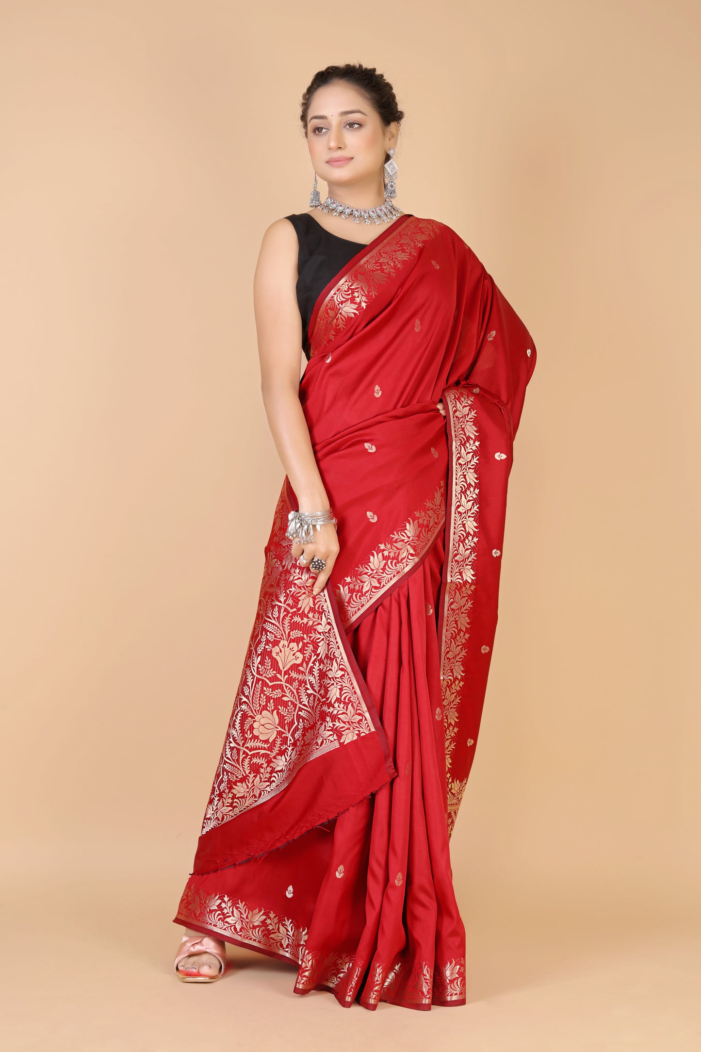 Red Semi Katan Soft silk Saree-Rupa