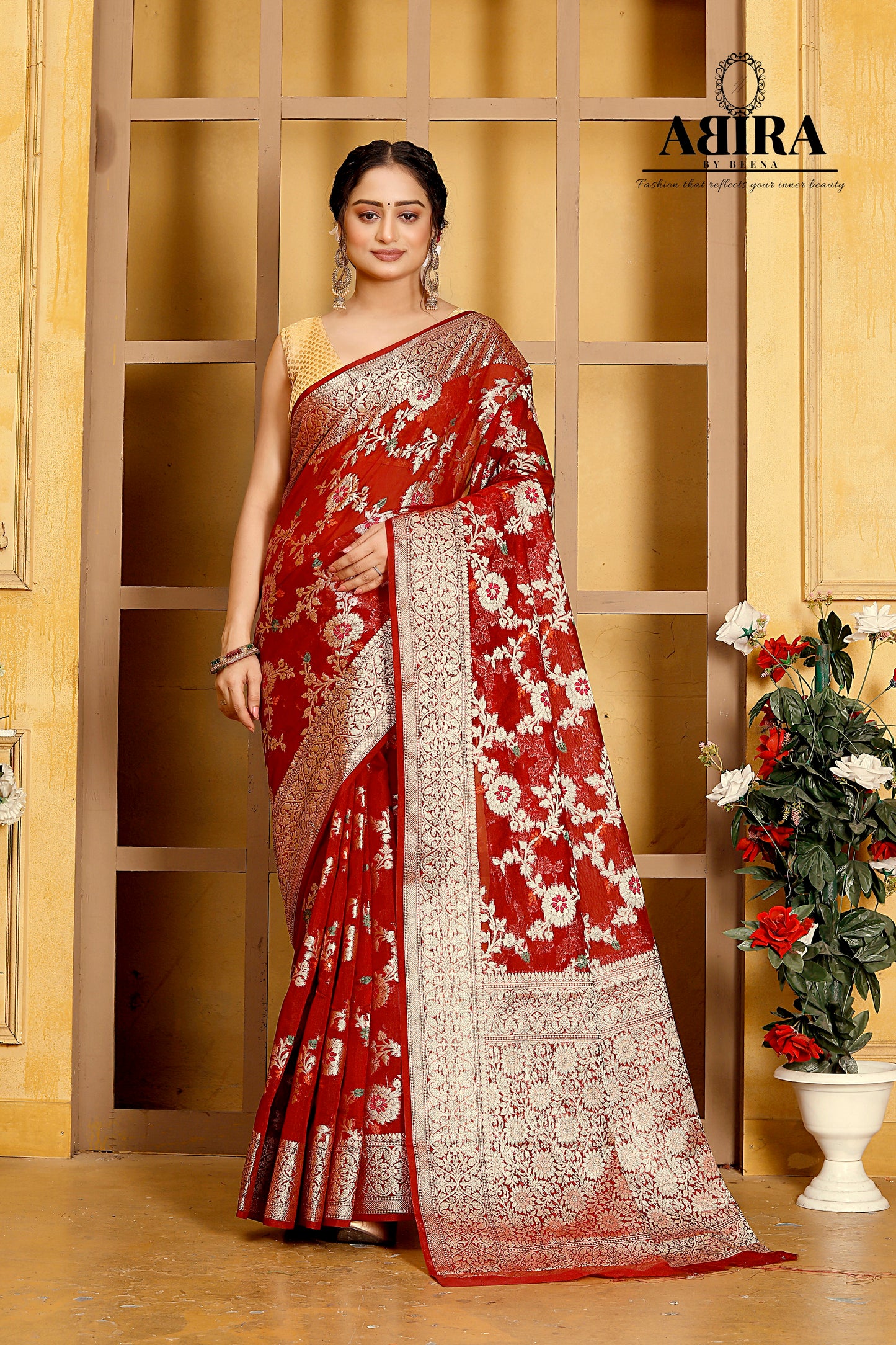 Brown Banaras Soft Georgette Jaal silk