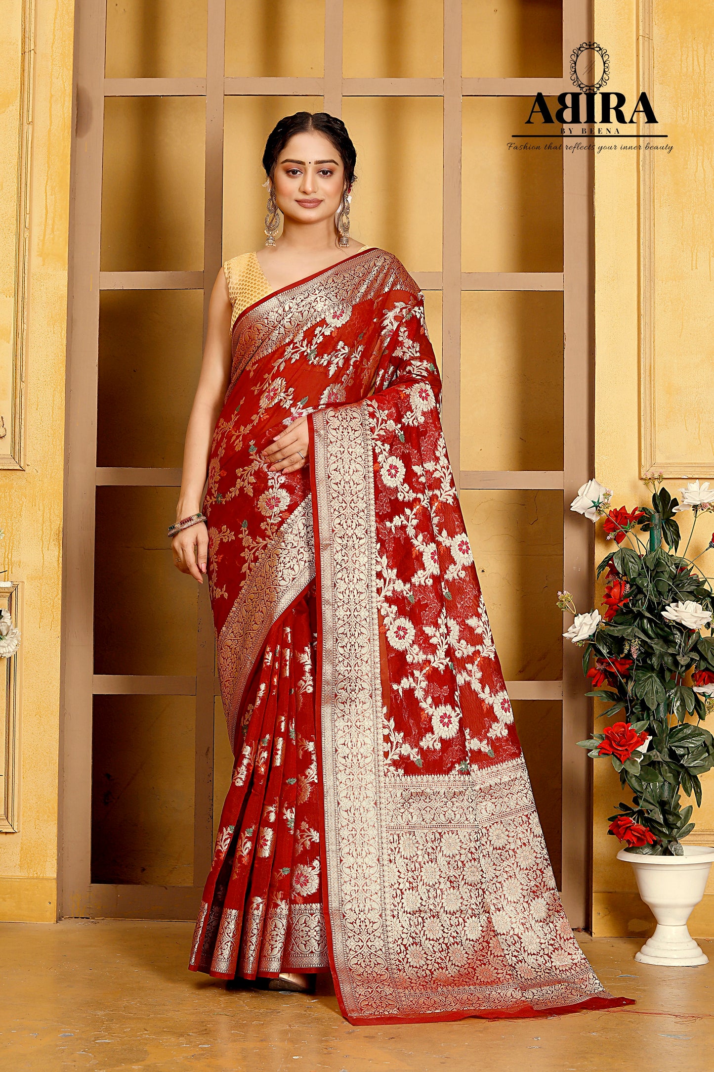 Brown Banaras Soft Georgette Jaal silk - AbirabyBeena