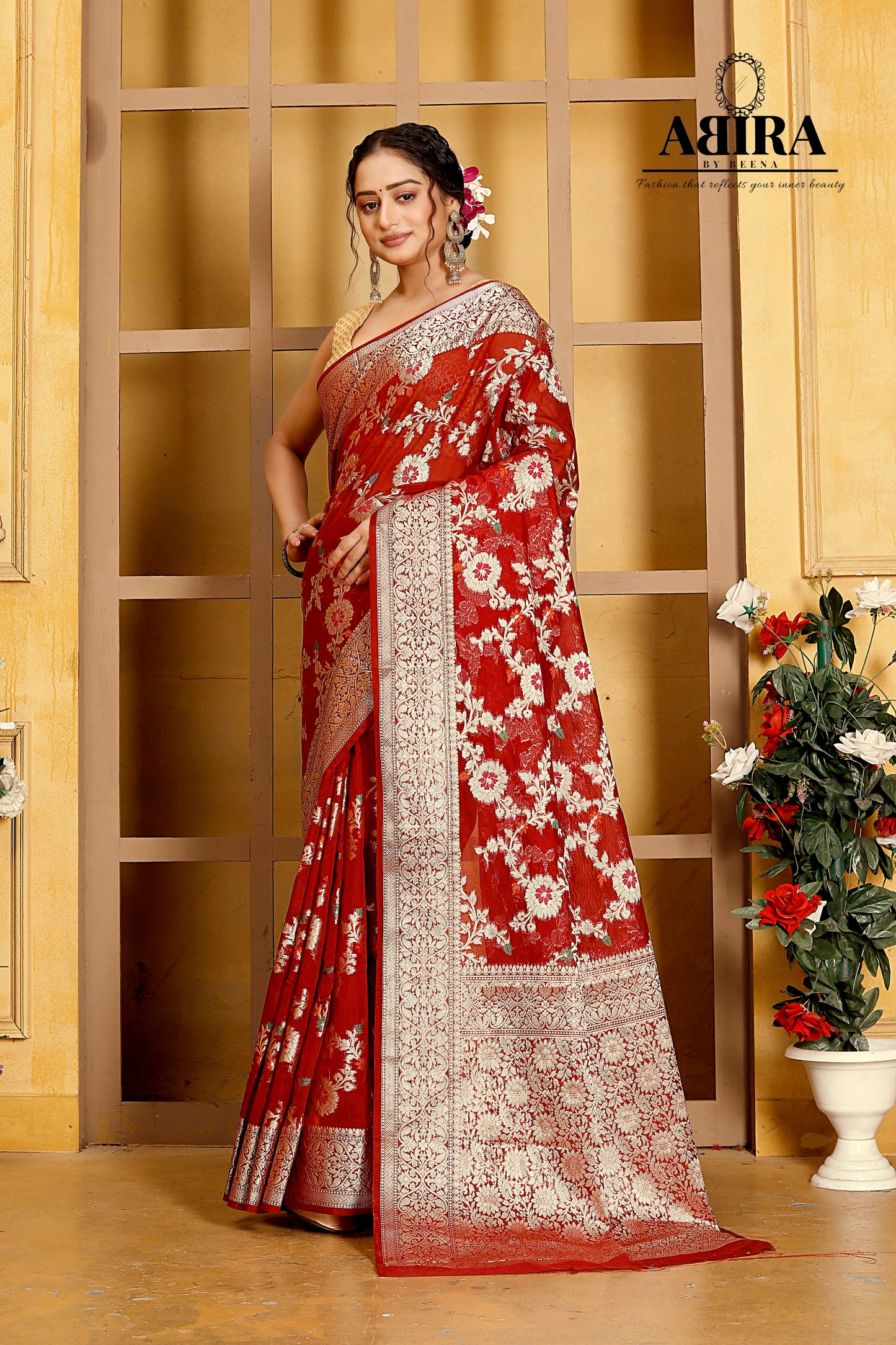 Brown Banaras Soft Georgette Jaal silk - AbirabyBeena