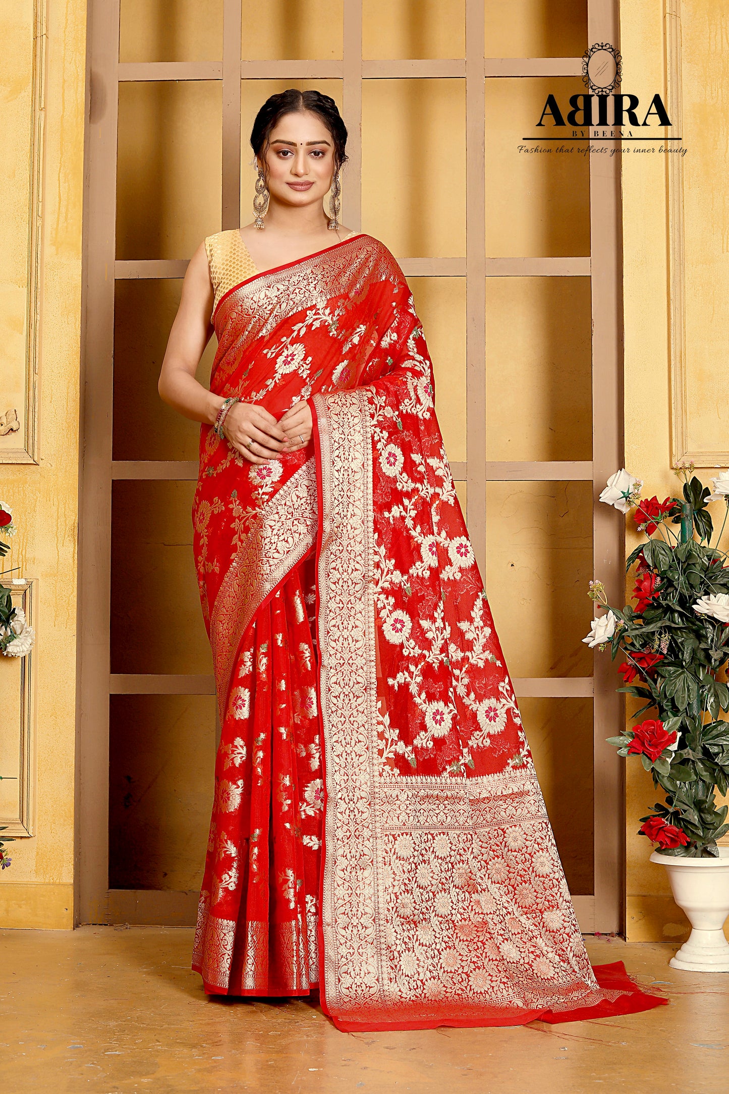Red Banaras Soft Georgette Jaal silk