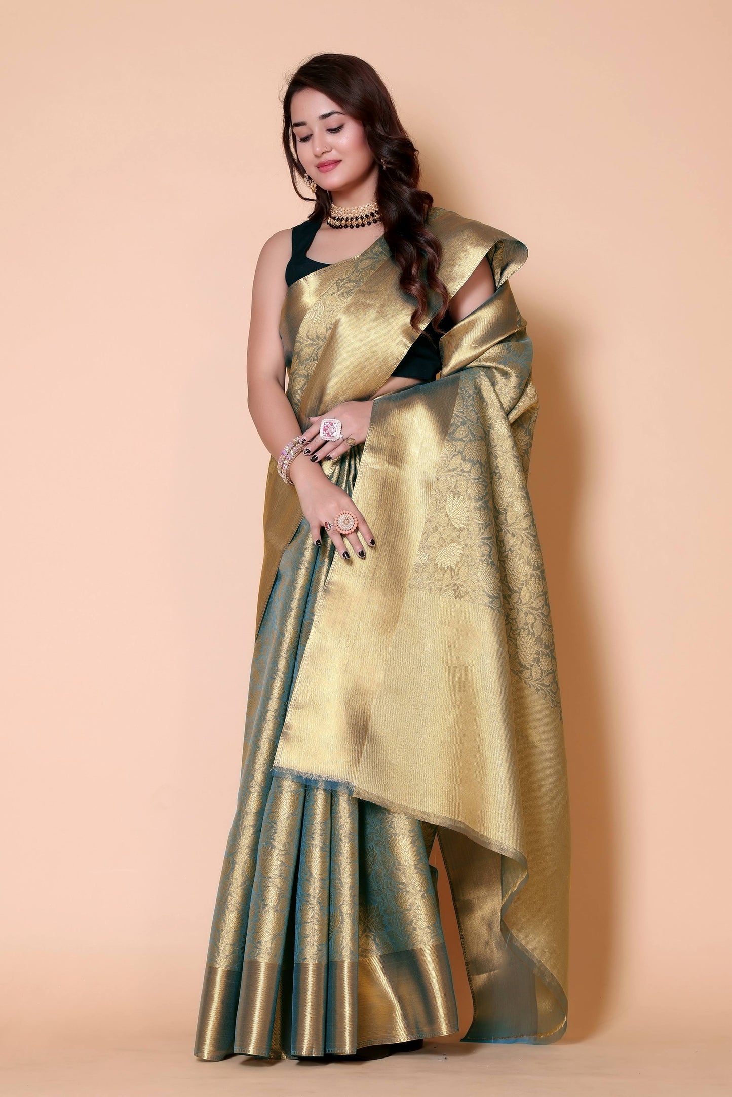 Nita ambani TISSUE gold silk Saree - Sky Blue