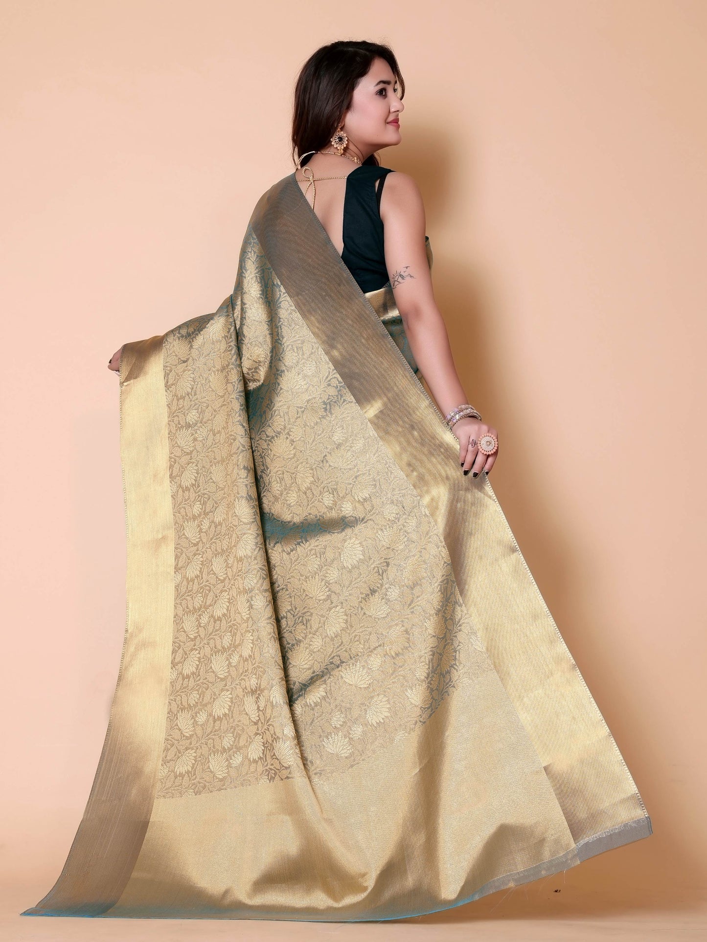 Nita ambani TISSUE gold silk Saree - Sky Blue