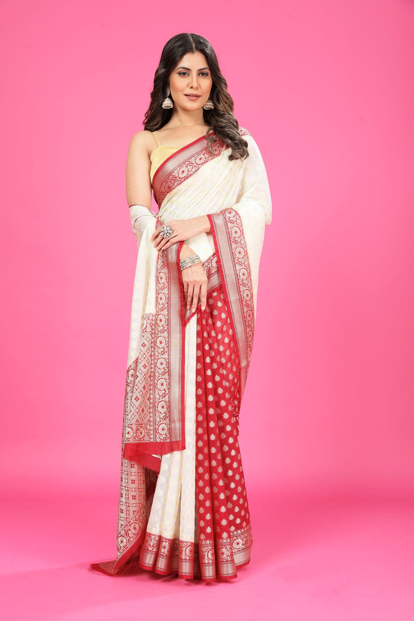 Dual white and Maroon Banaras Soft Georgette silk
