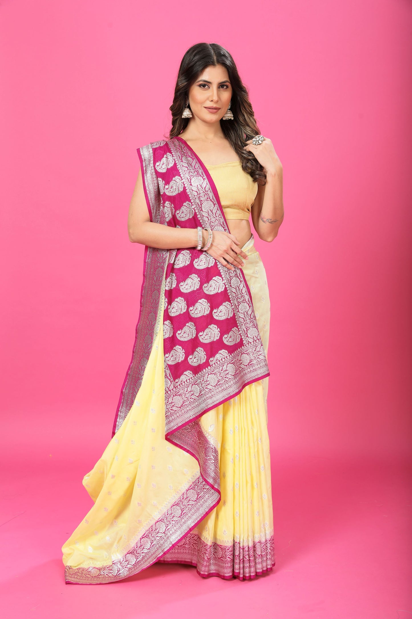 Lamon Yellow - Magenta Katan Georgette Silk