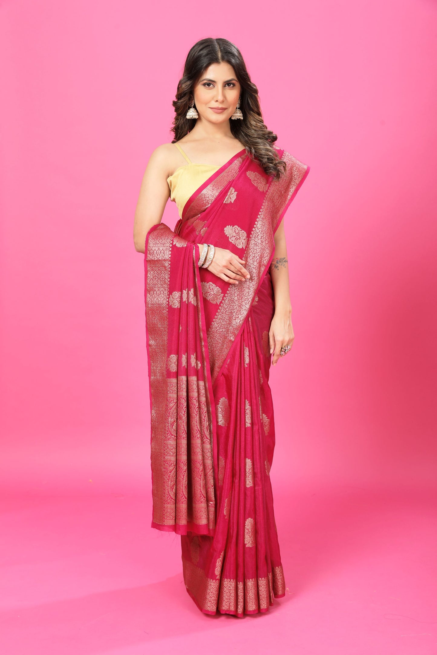 Dark Pink Banaras Crepe Silk - Heena