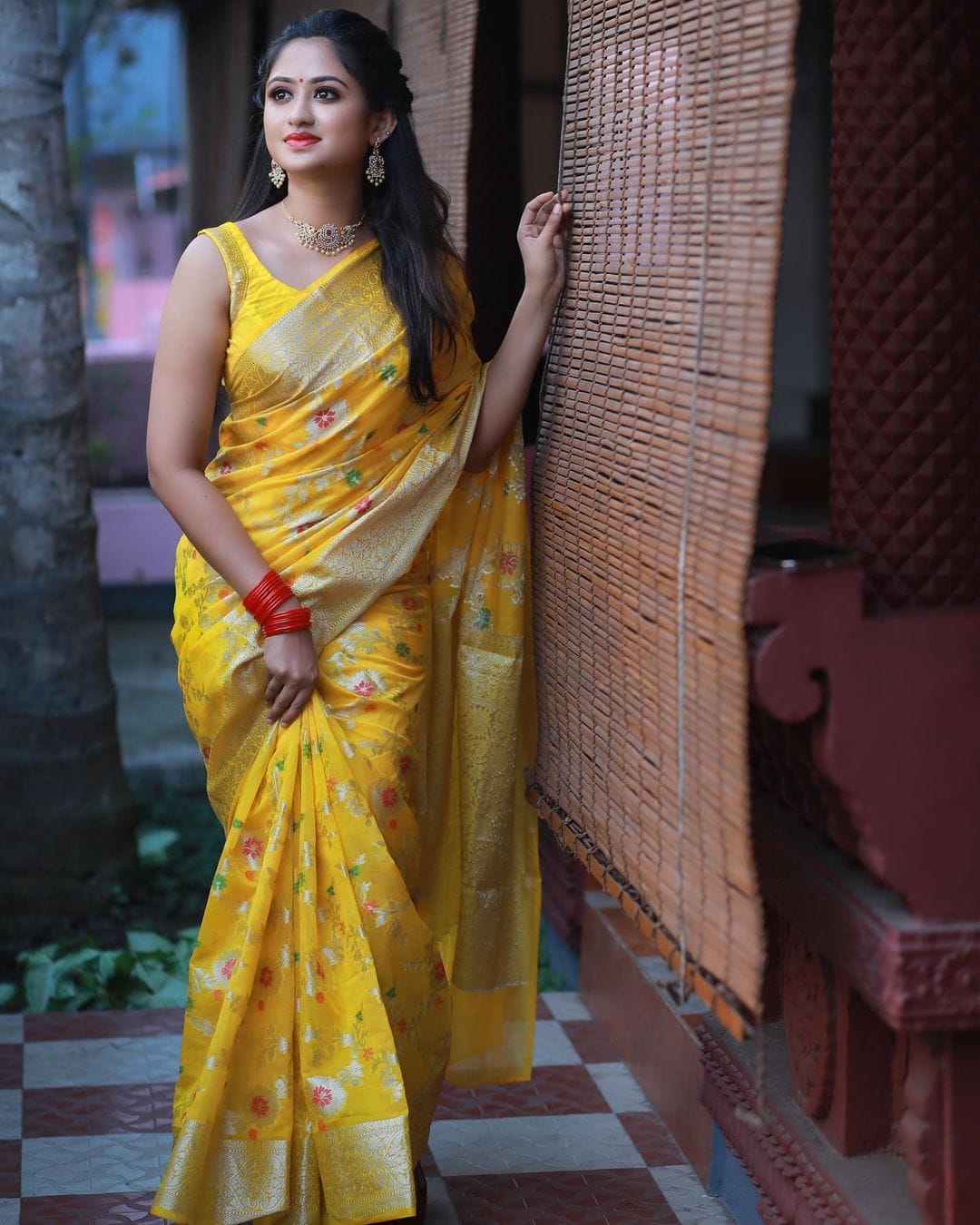 Yellow minakari Banaras Soft Georgette Jaal silk