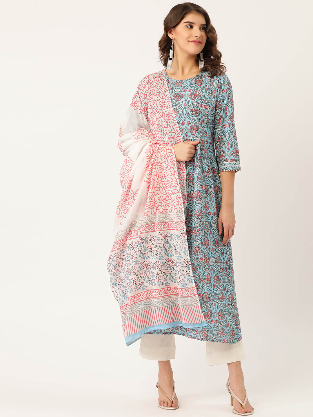 Pure Cotton Blue Printed A-line Kurta Suit Set With Dupatta