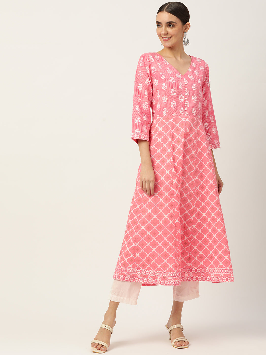 Pink & White Ethnic Printed Pure Cotton Flared Kurta
