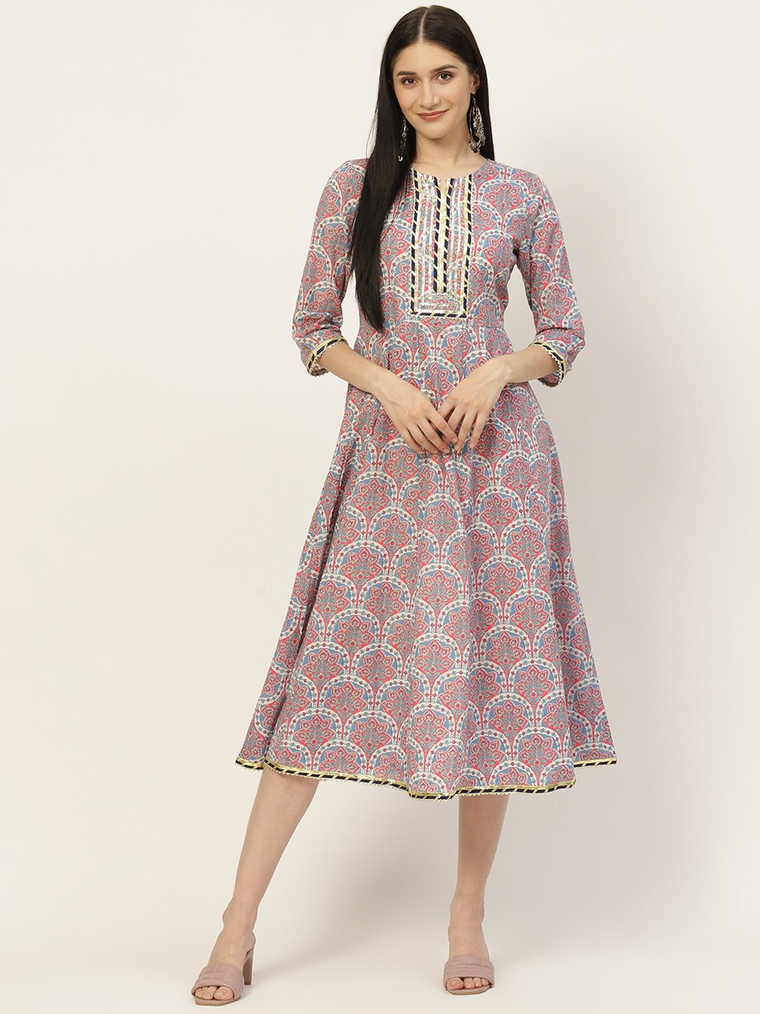 Blue & Pink Printed Fit & Flare Dress