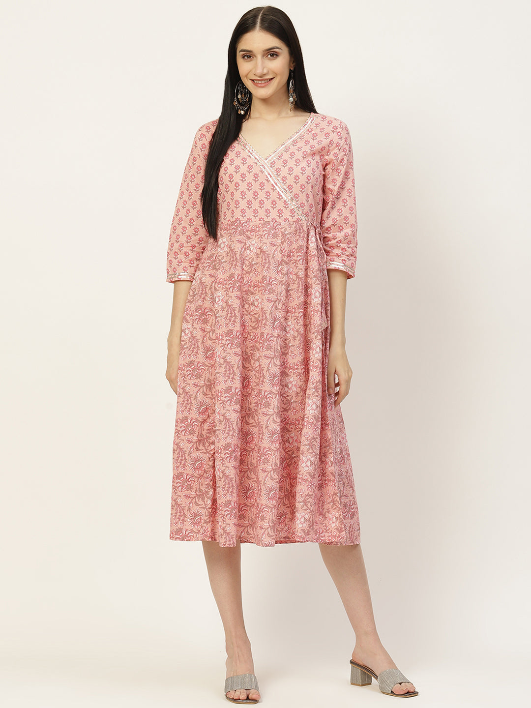 Pink Floral Printed Angrakha Style Anarkali Dress
