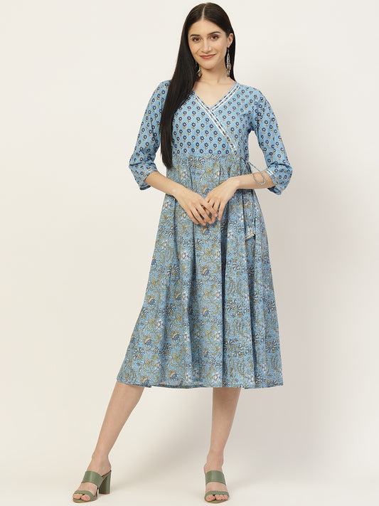Blue Ethnic Motifs Printed Anarkali Tie-Up Dress