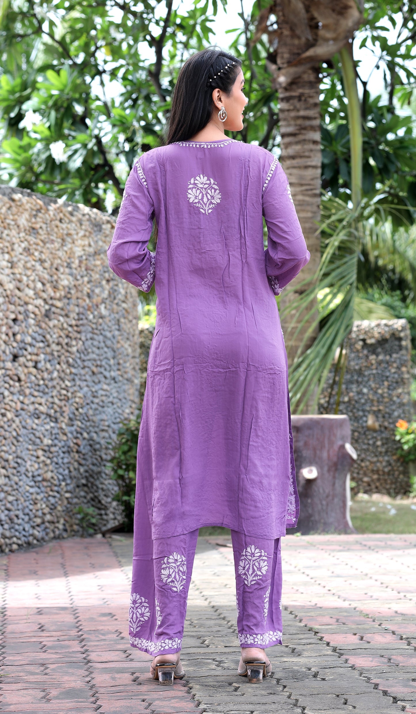 Purple Chikankari Modal Straight Kurta Set
