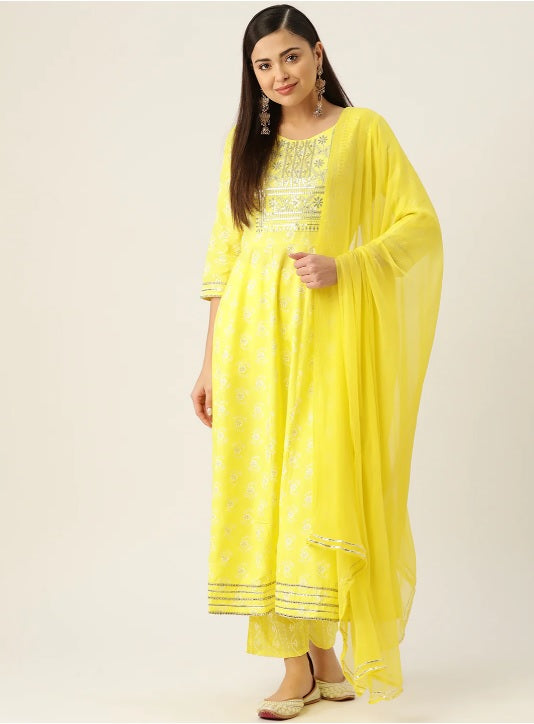 Lime Anarkali Kurta set With Chiffon Dupatta