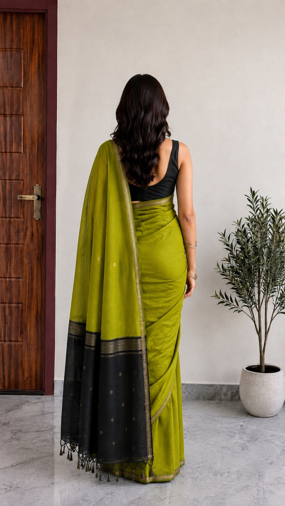 Maheshwari Cotton Saree – Olive Green