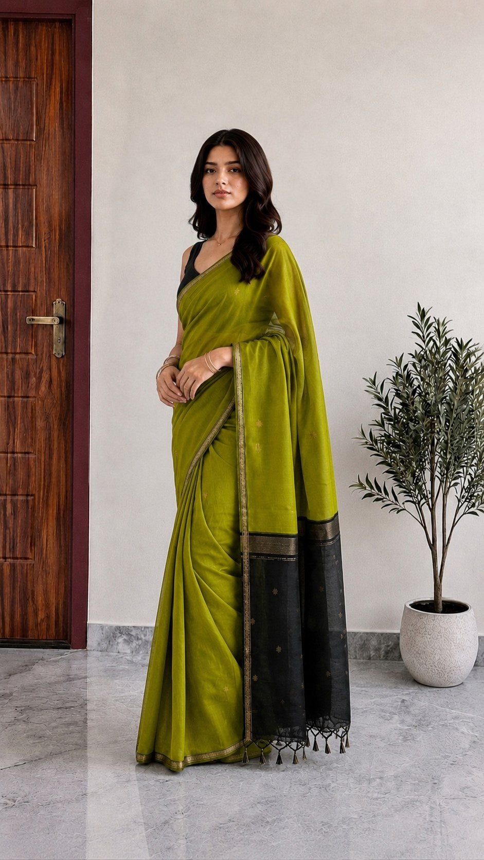 Maheshwari Cotton Saree – Olive Green