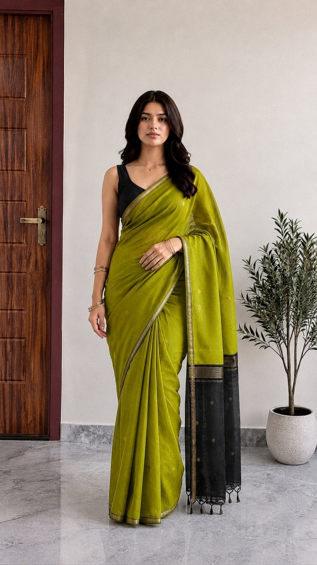 Maheshwari Cotton Saree – Olive Green