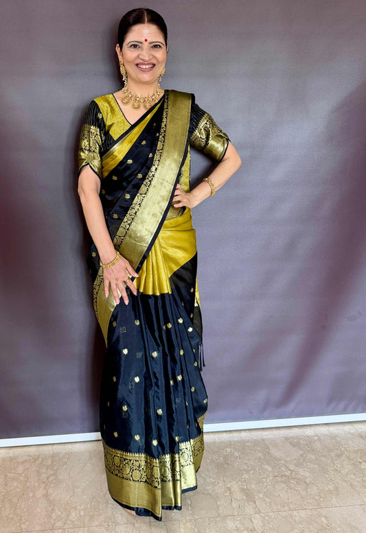 Dual Tone Soft Silk Saree – Black & Antique Gold - AbirabyBeena