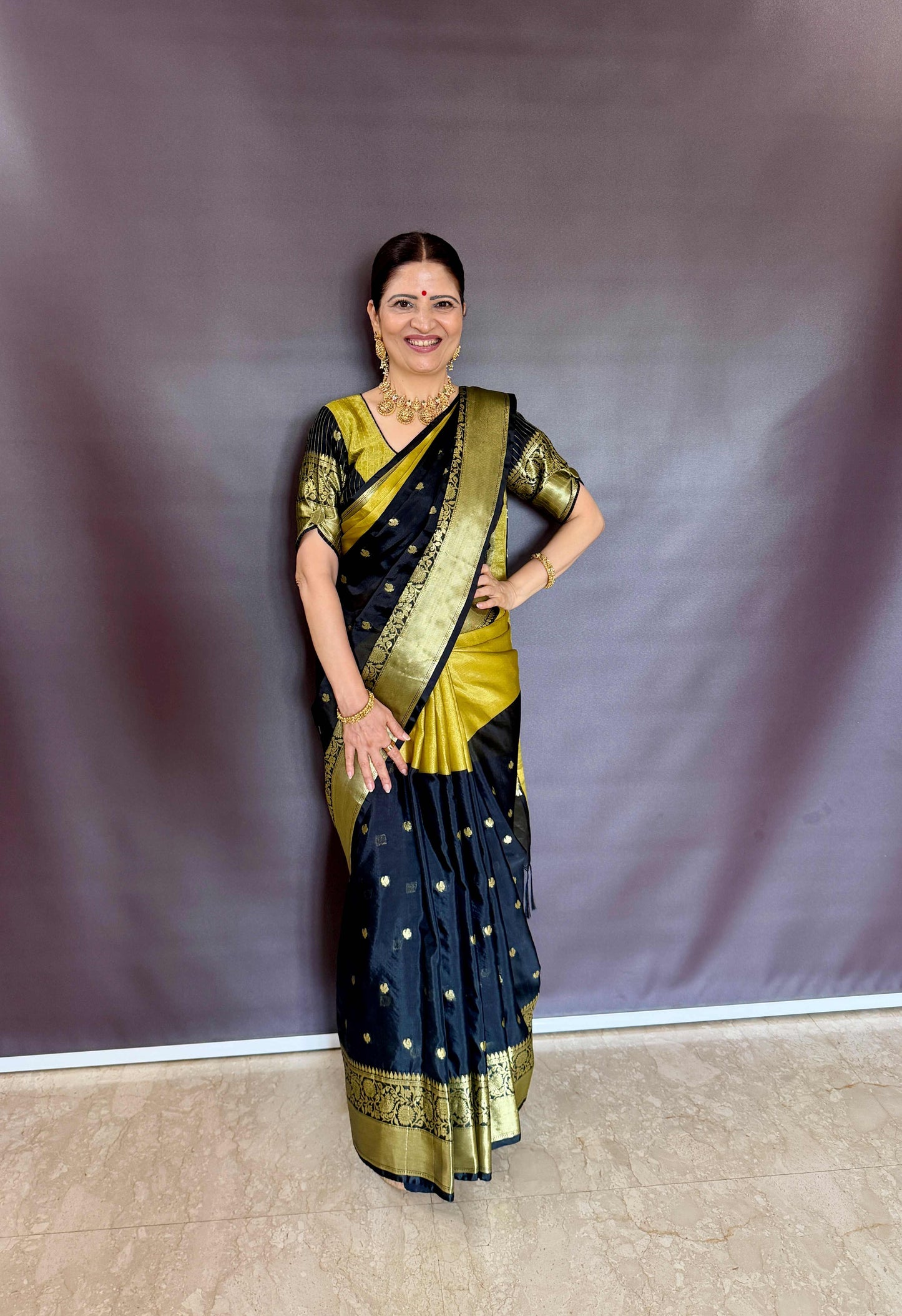 Dual Tone Soft Silk Saree – Black & Antique Gold