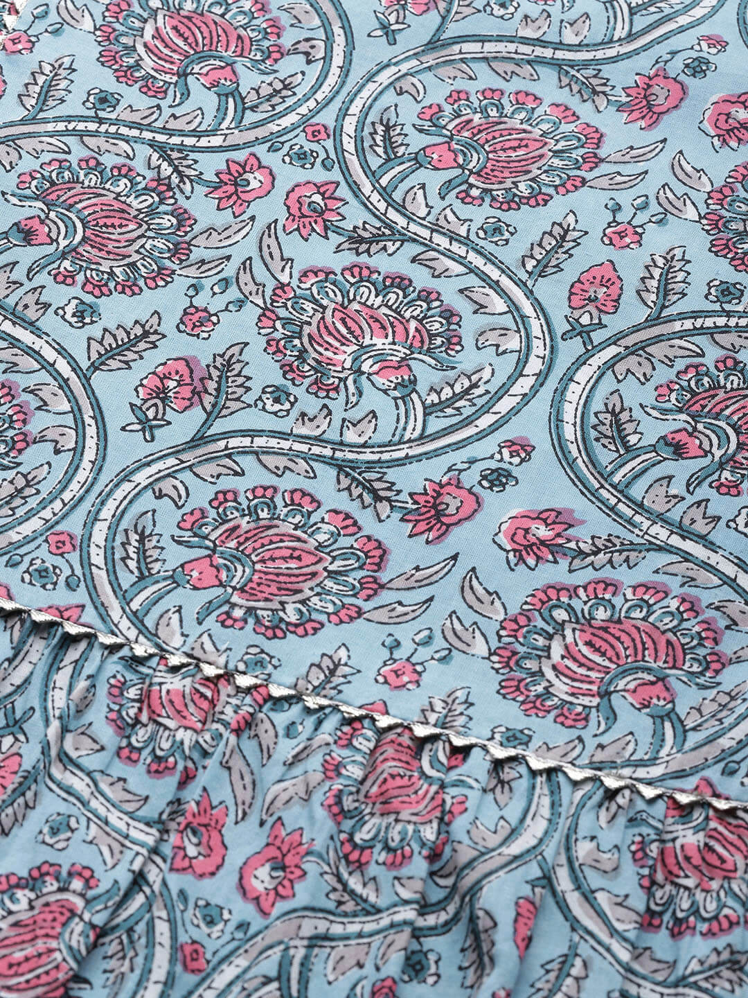 Pure Cotton Blue Printed A-line Kurta Suit Set With Dupatta