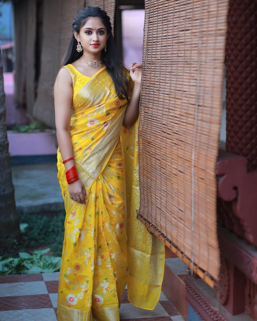 Yellow minakari Banaras Soft Georgette Jaal silk