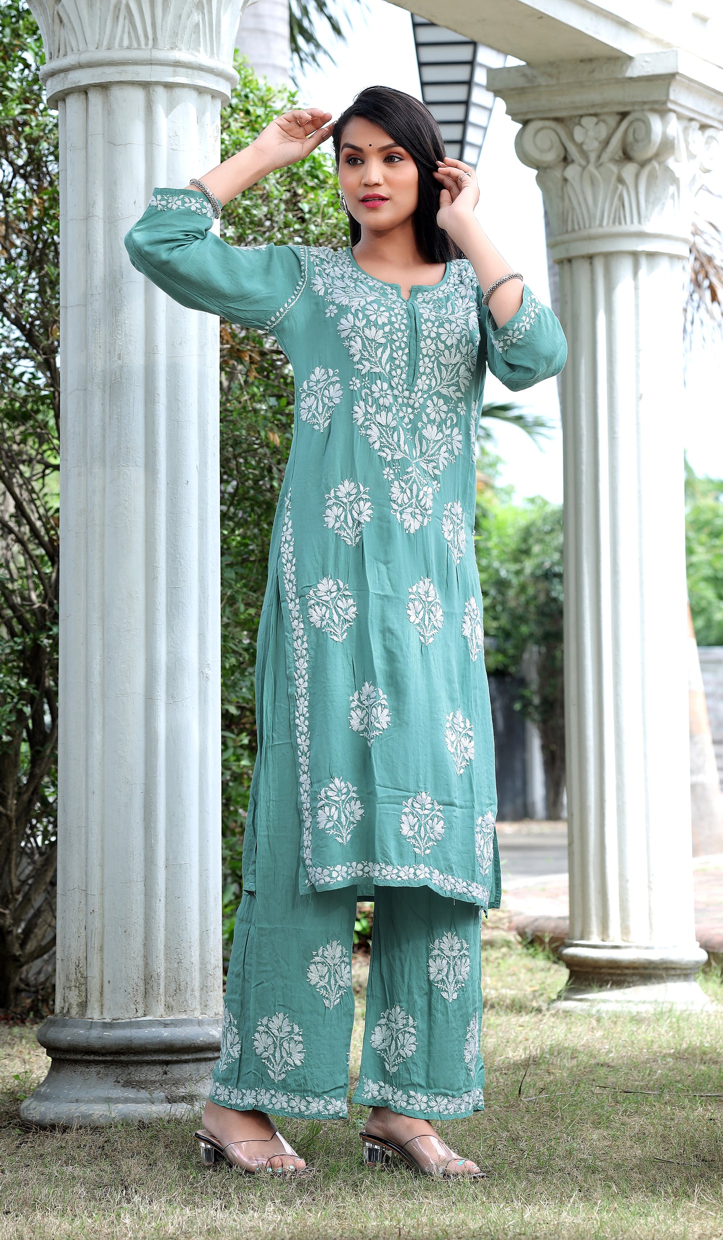 Sea Green Chikankari Modal Straight Kurta Set