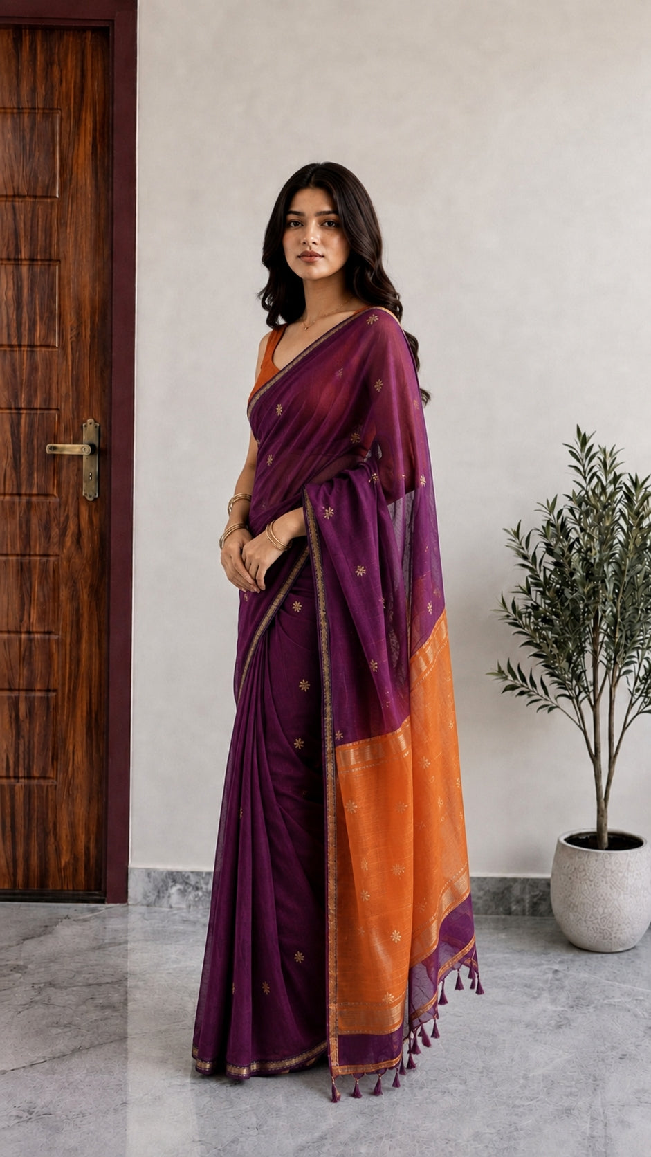 Maheshwari Cotton Saree – Plum Purple