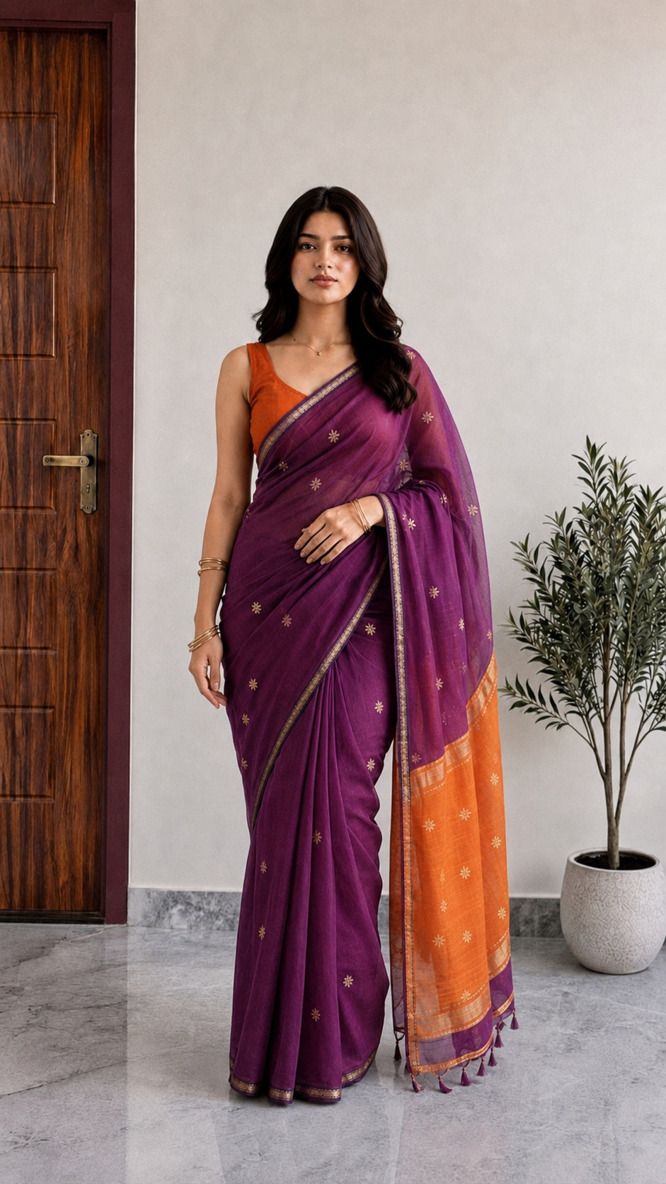 Maheshwari Cotton Saree – Plum Purple