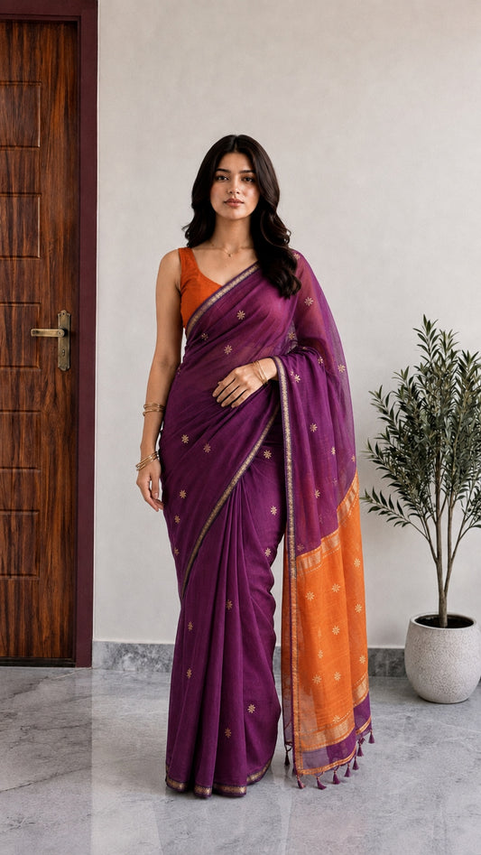 Maheshwari Cotton Saree – Plum Purple