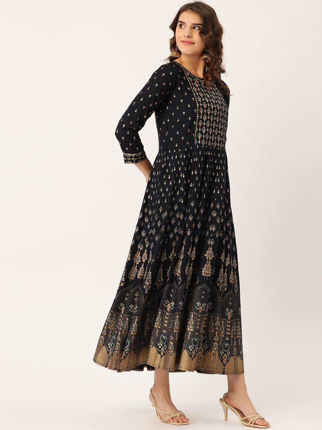Blue Rayon Gold Printed & Gota Work Anarkali Kurta
