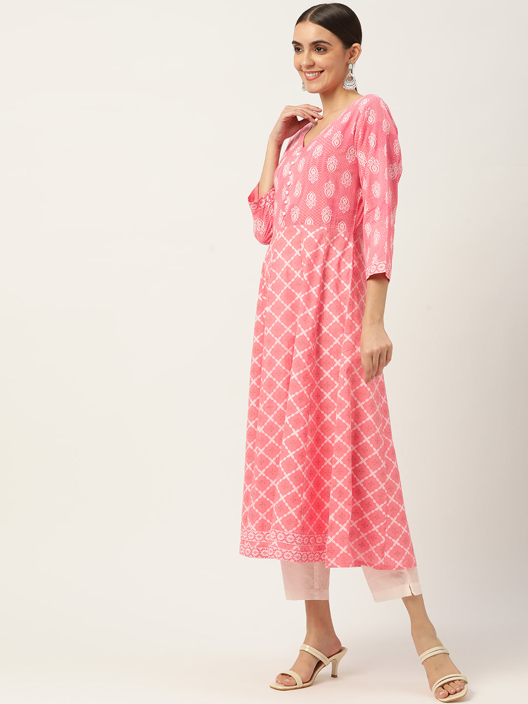 Pink & White Ethnic Printed Pure Cotton Flared Kurta