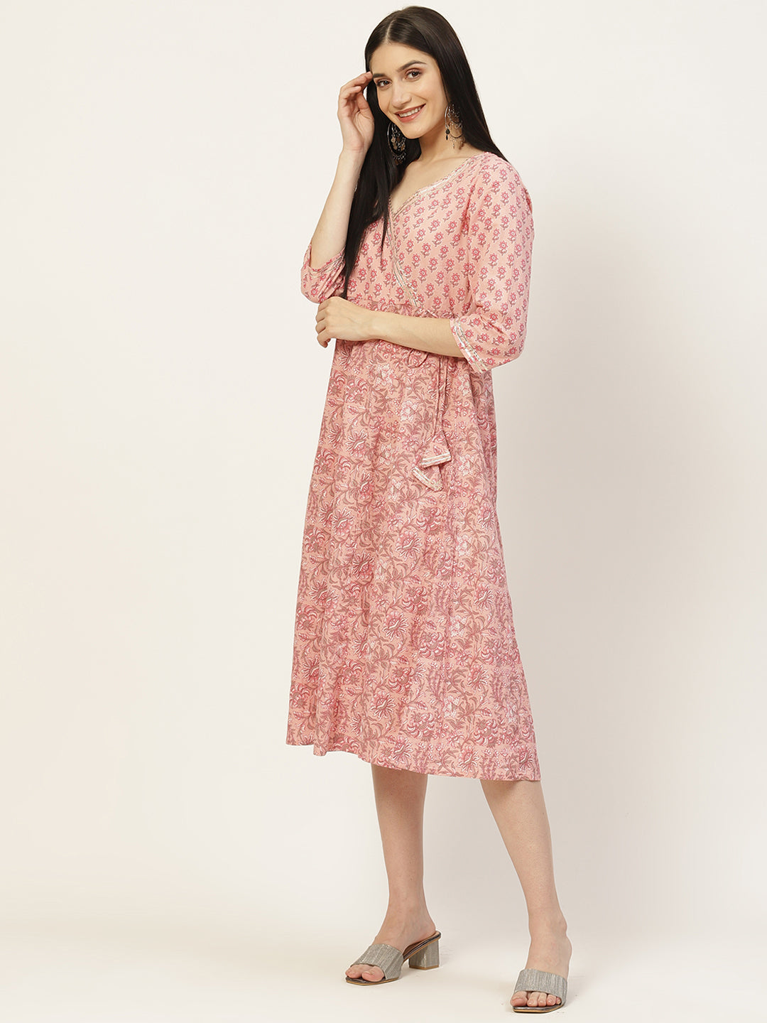 Pink Floral Printed Angrakha Style Anarkali Dress