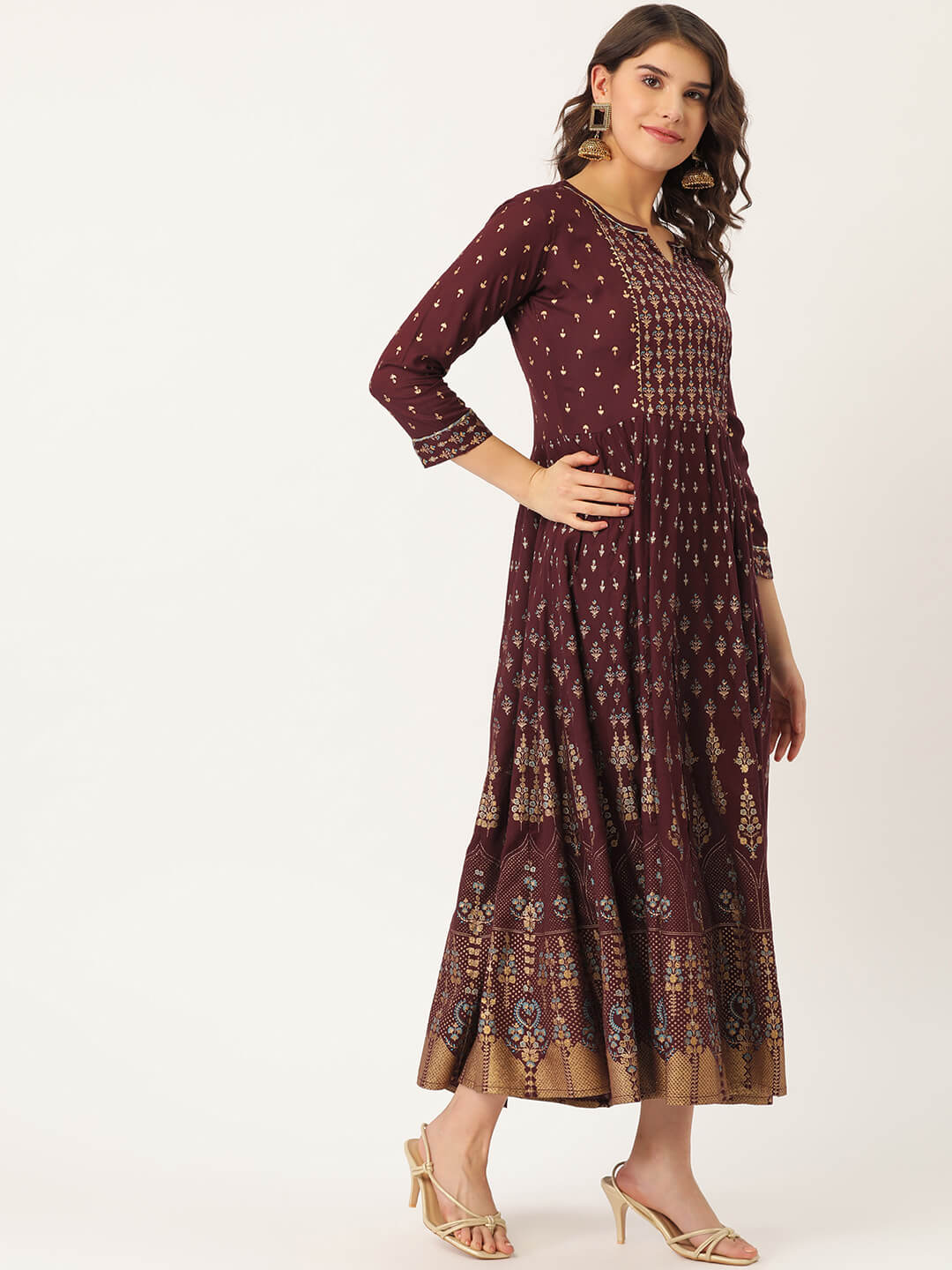 Maroon Rayon Gold Printed & Gota Work Anarkali Kurta