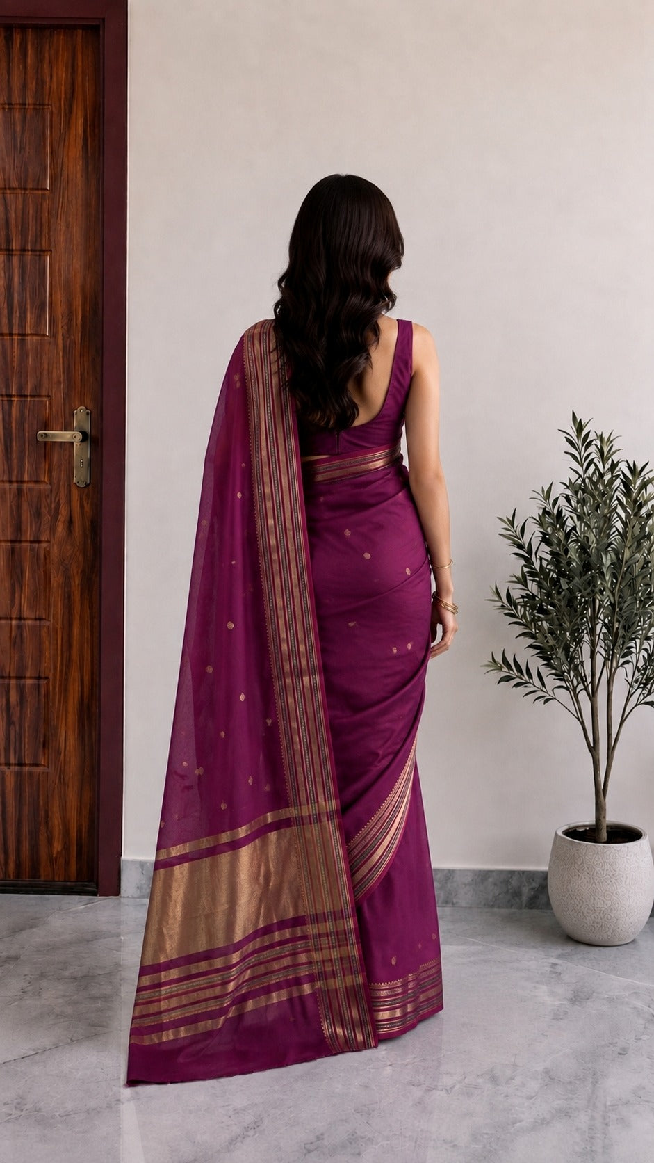 Maheshwari Cotton Saree – Wine Magenta