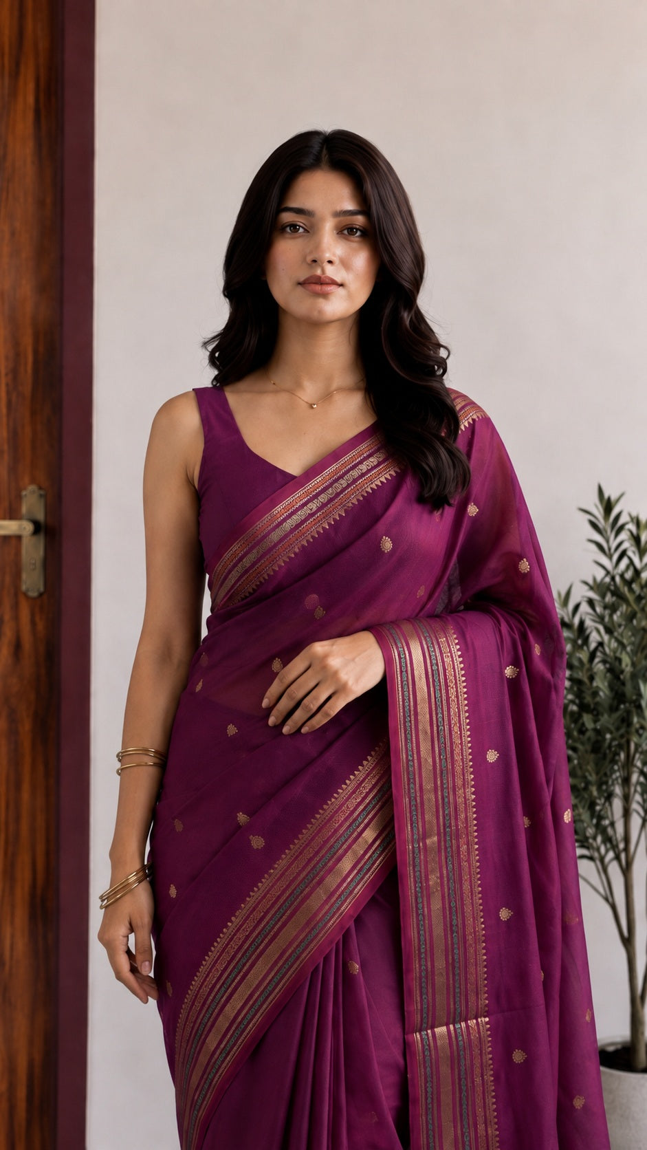 Maheshwari Cotton Saree – Wine Magenta