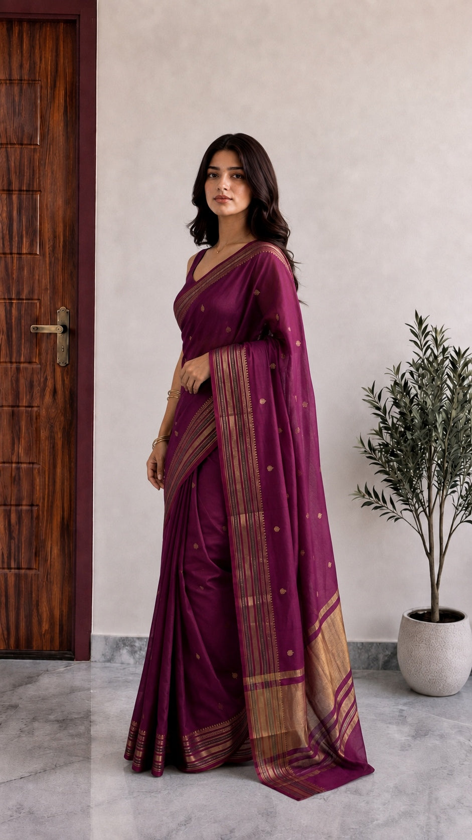 Maheshwari Cotton Saree – Wine Magenta