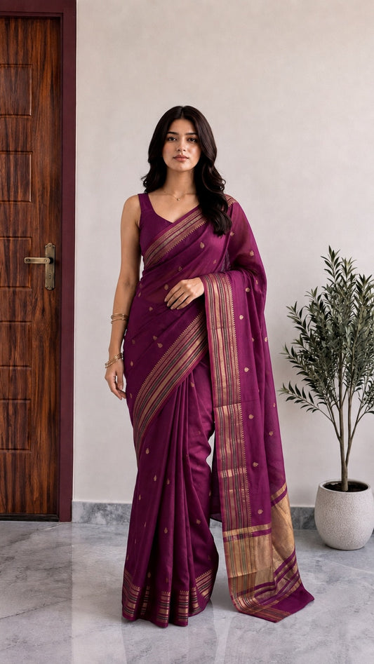 Maheshwari Cotton Saree – Wine Magenta