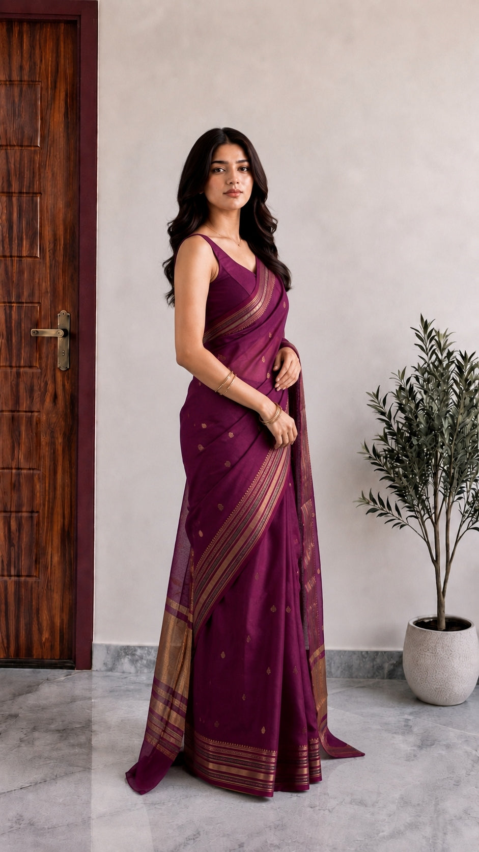 Maheshwari Cotton Saree – Wine Magenta
