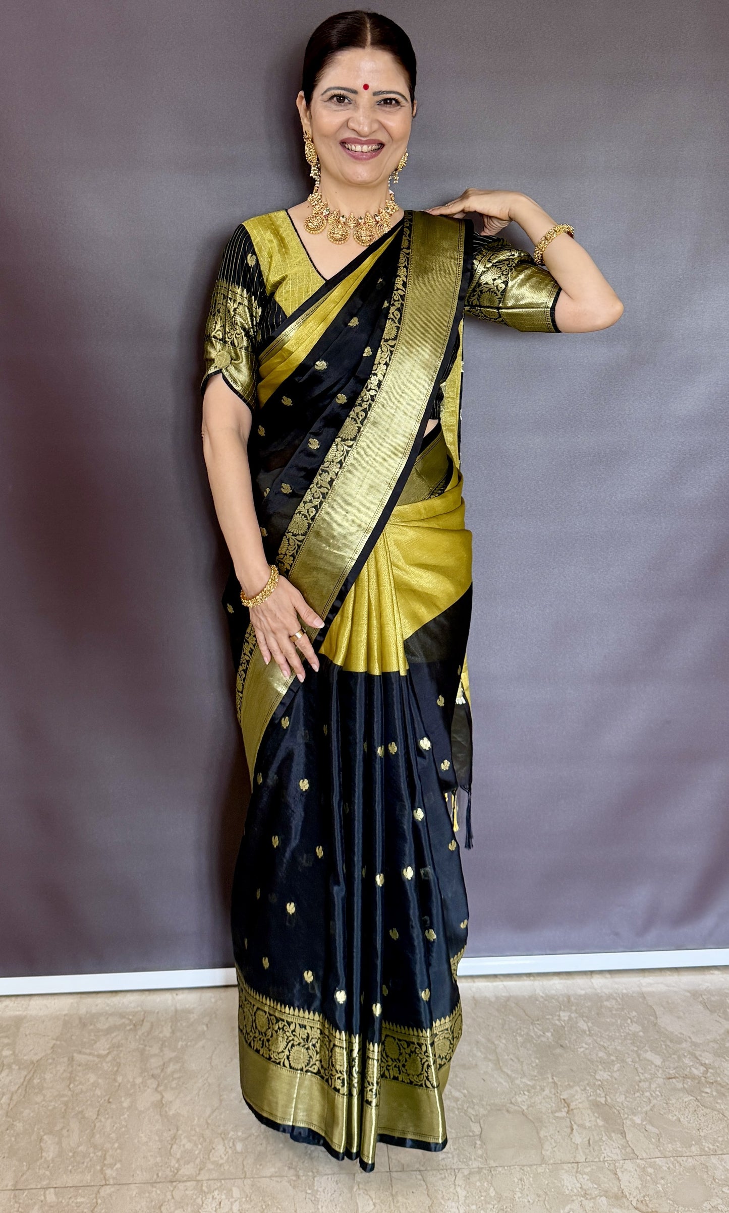 Dual Tone Soft Silk Saree – Black & Antique Gold