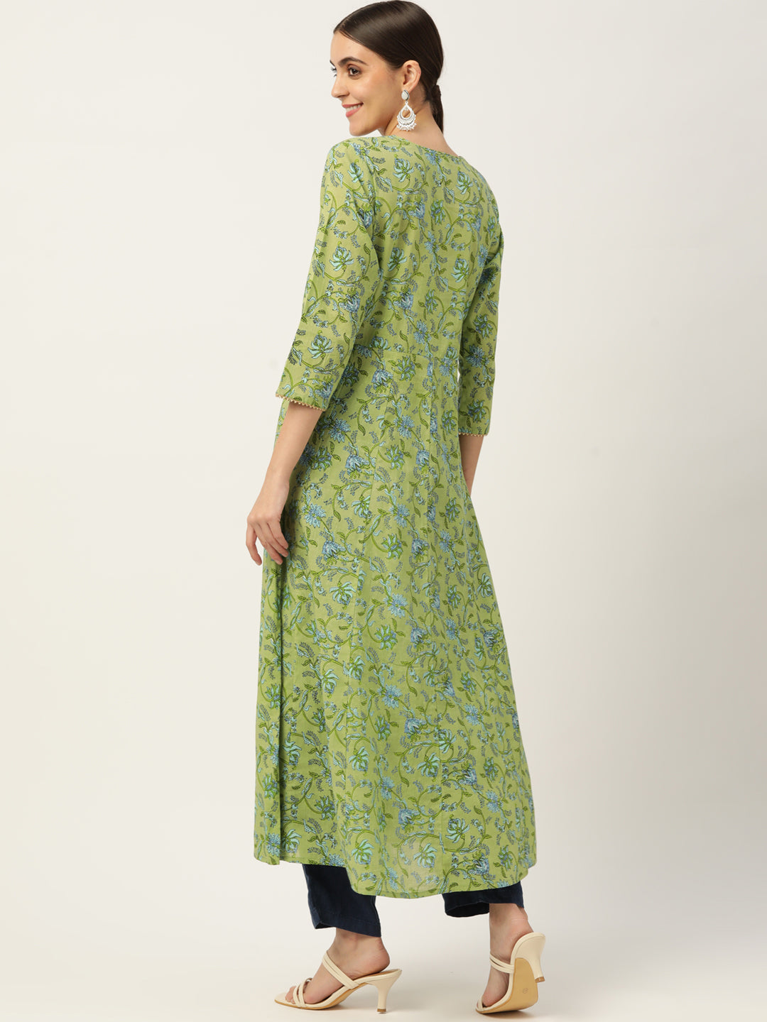 Green & Blue Ethnic Printed Pure Cotton Gotta Patti Anarkali Kurta - AbirabyBeena