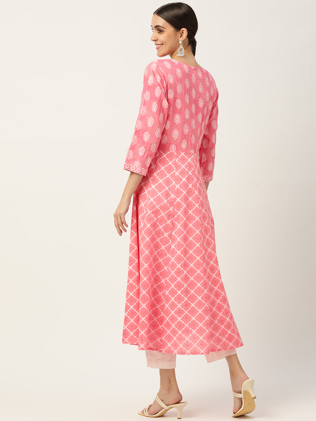 Pink & White Ethnic Printed Pure Cotton Flared Kurta