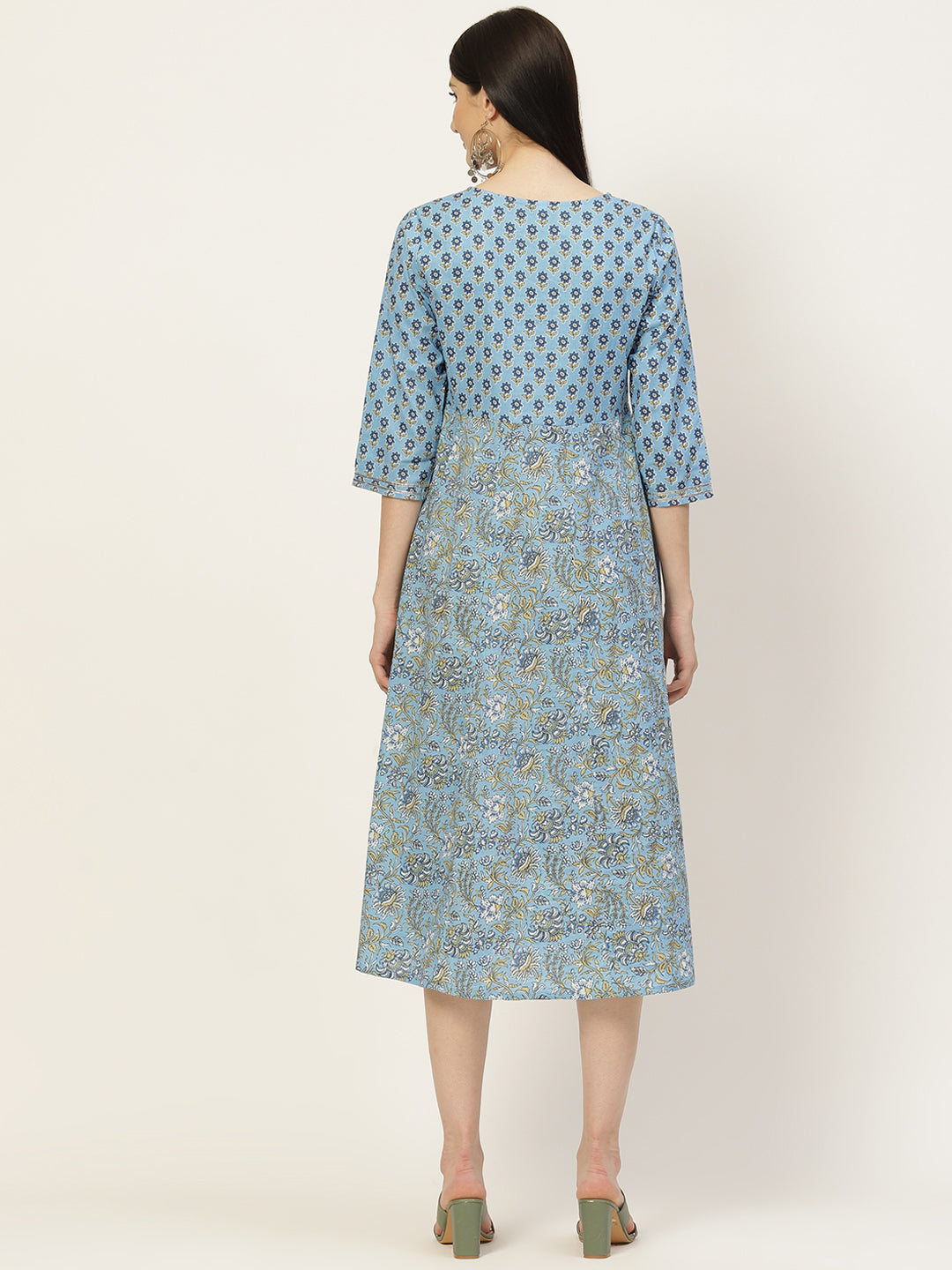 Blue Ethnic Motifs Printed Anarkali Tie-Up Dress