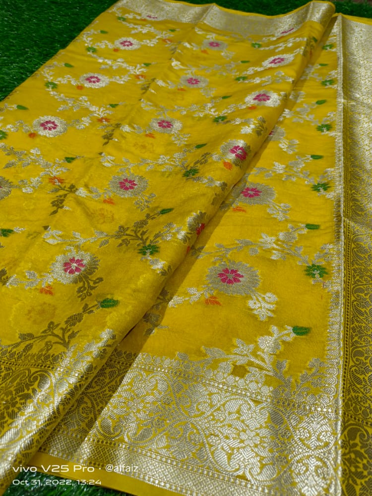 Yellow minakari Banaras Soft Georgette Jaal silk