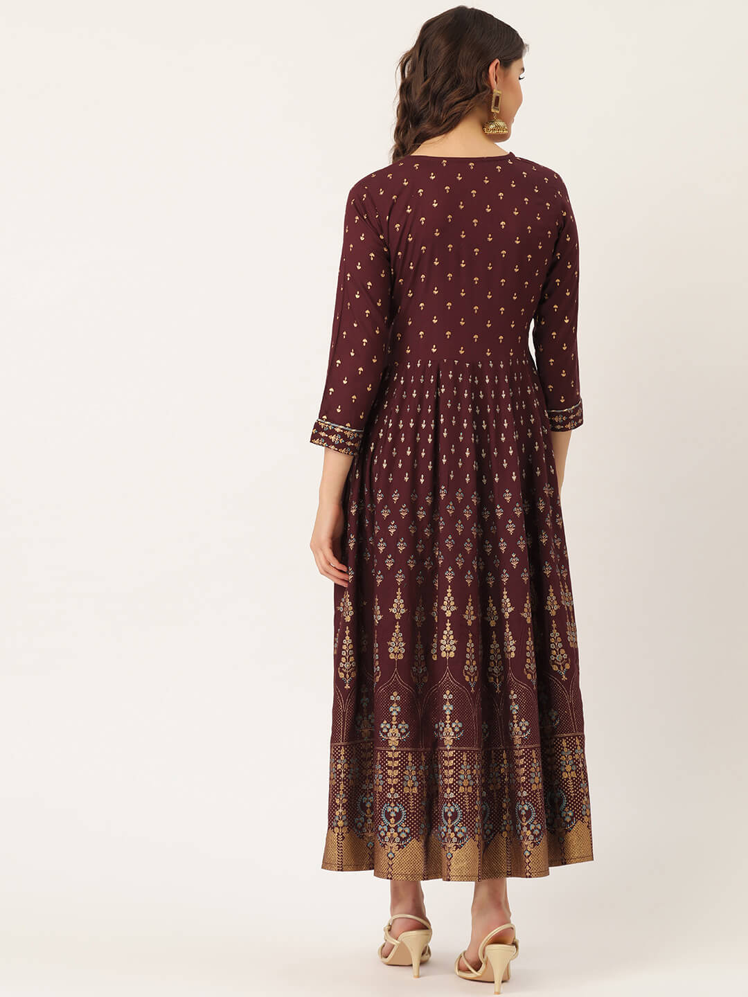 Maroon Rayon Gold Printed & Gota Work Anarkali Kurta
