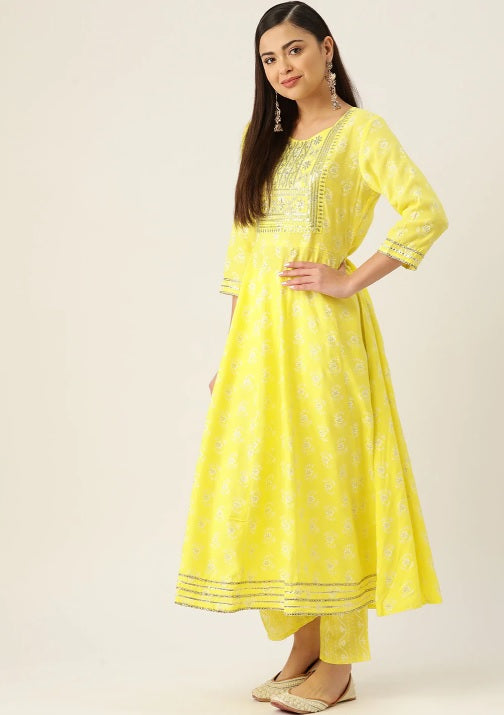 Lime Anarkali Kurta set With Chiffon Dupatta