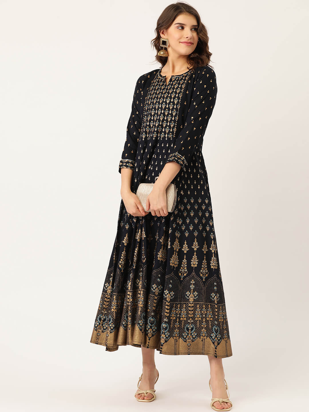 Blue Rayon Gold Printed & Gota Work Anarkali Kurta