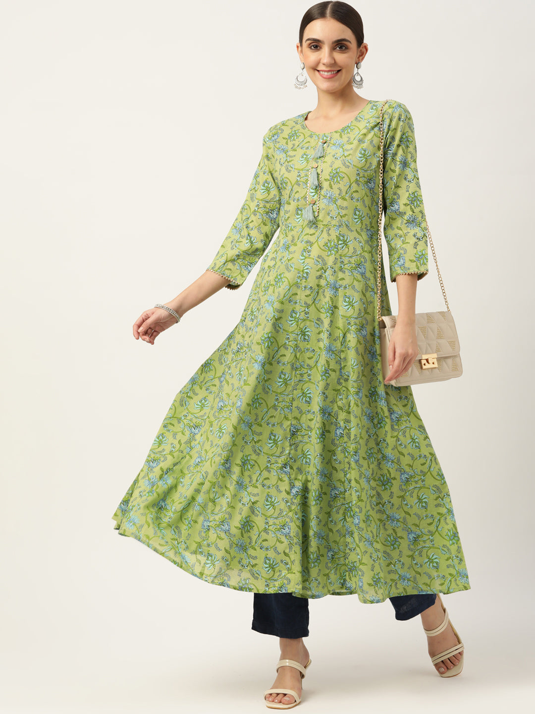 Green & Blue Ethnic Printed Pure Cotton Gotta Patti Anarkali Kurta - AbirabyBeena