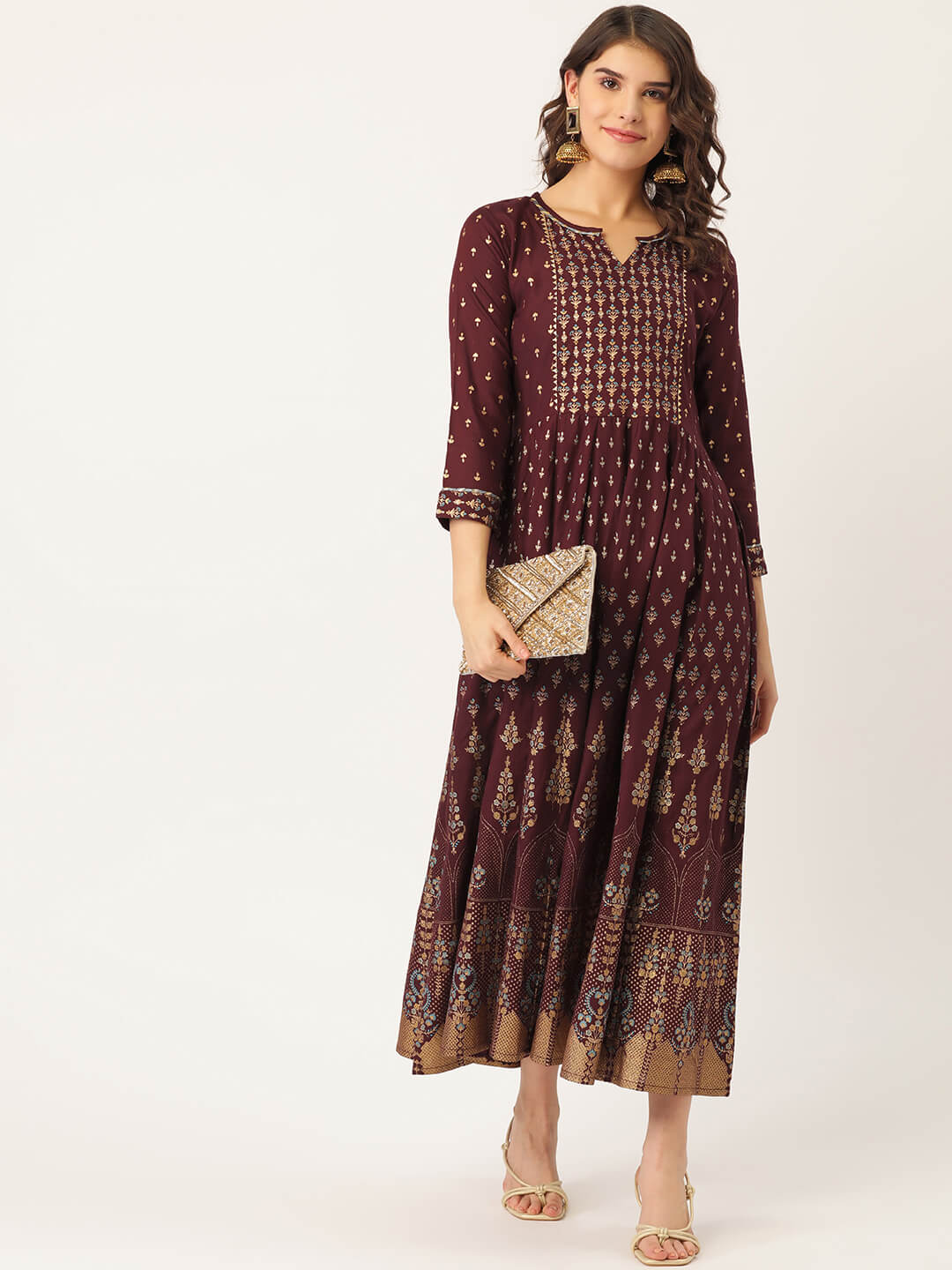 Maroon Rayon Gold Printed & Gota Work Anarkali Kurta